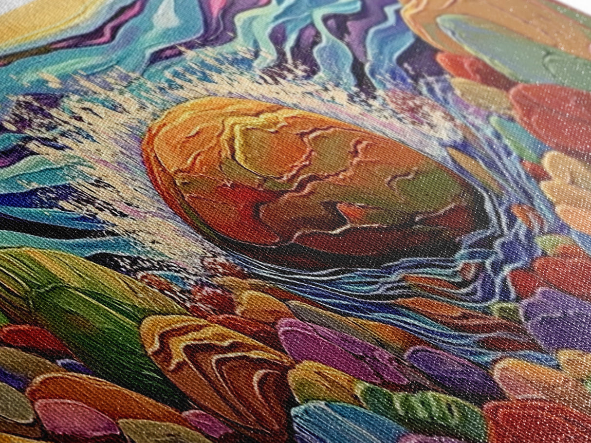 Ocean Splash, Bold Rocks, Sunset Colors, Canvas Print, Vibrant Coastal Art, Abstract Seaside Decor, Living Room Wall Art, Boho Vibes