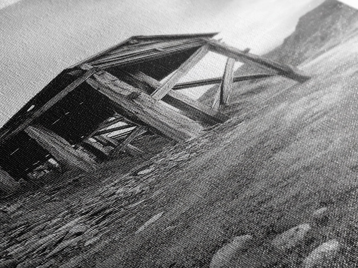 Abandoned Mine, Wooden Structure, Desert Scene, Western Vibes, Black and White Canvas Print, Industrial Rustic Living Room Wall Art