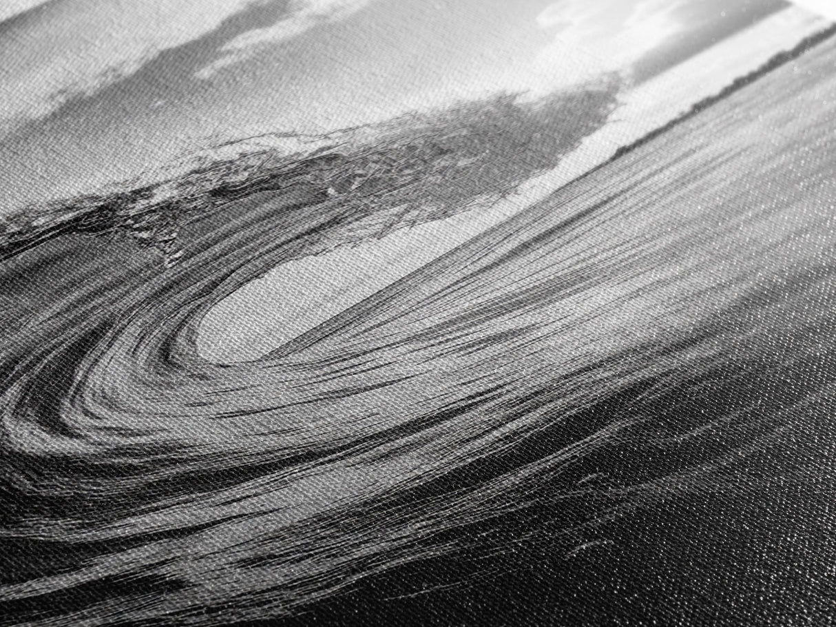 Ocean Wave Curl, Black White Surf, Modern Coastal Art, Bathroom Beach Decor, Framed Canvas Print, Minimalist Wall Style, Living Room Art