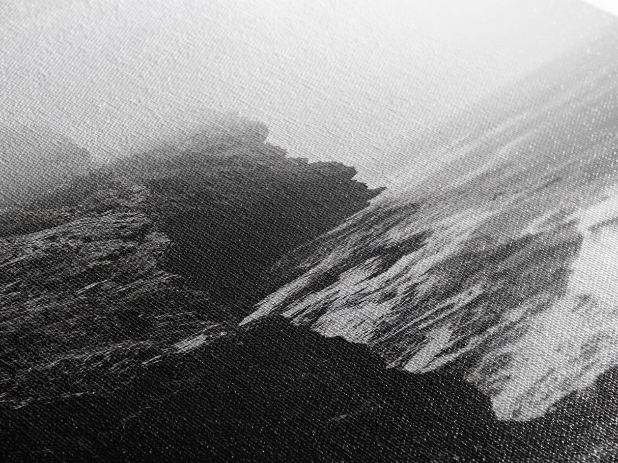 Foggy Cliffs, Moody Coast, Dramatic Seascape, Framed Canvas Print, Modern Dark Aesthetic Art, Minimalist Living Room Wall Decor