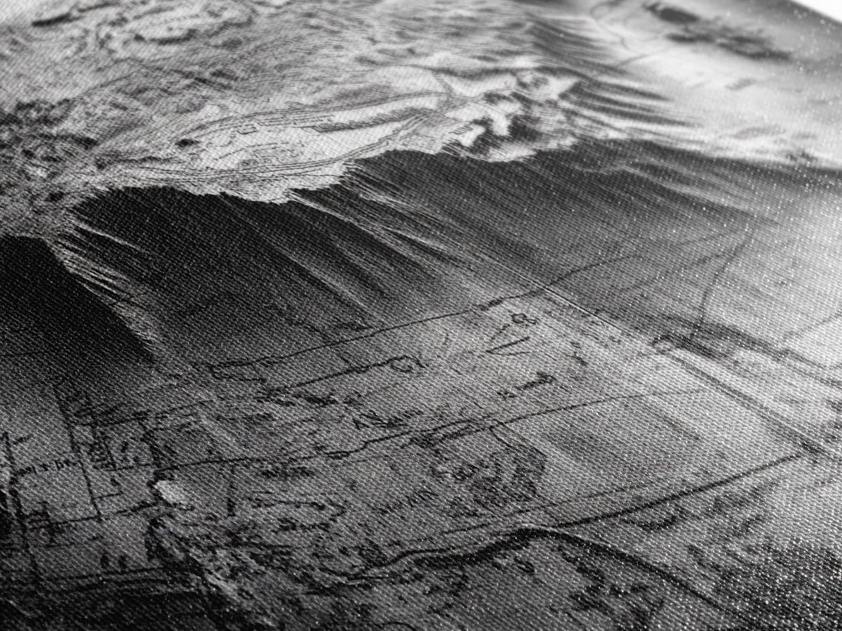 Topographic Map Detail, Antique Terrain, Black and White Landscape, Canvas Print, Office Wall Art, Historical Geography Decor