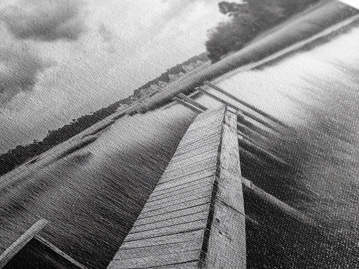 Marsh Dock Scene, Tranquil Water Landscape, Rustic Pier Canvas Print, Black and White Nature, Entryway Art, Coastal Country Home Decor