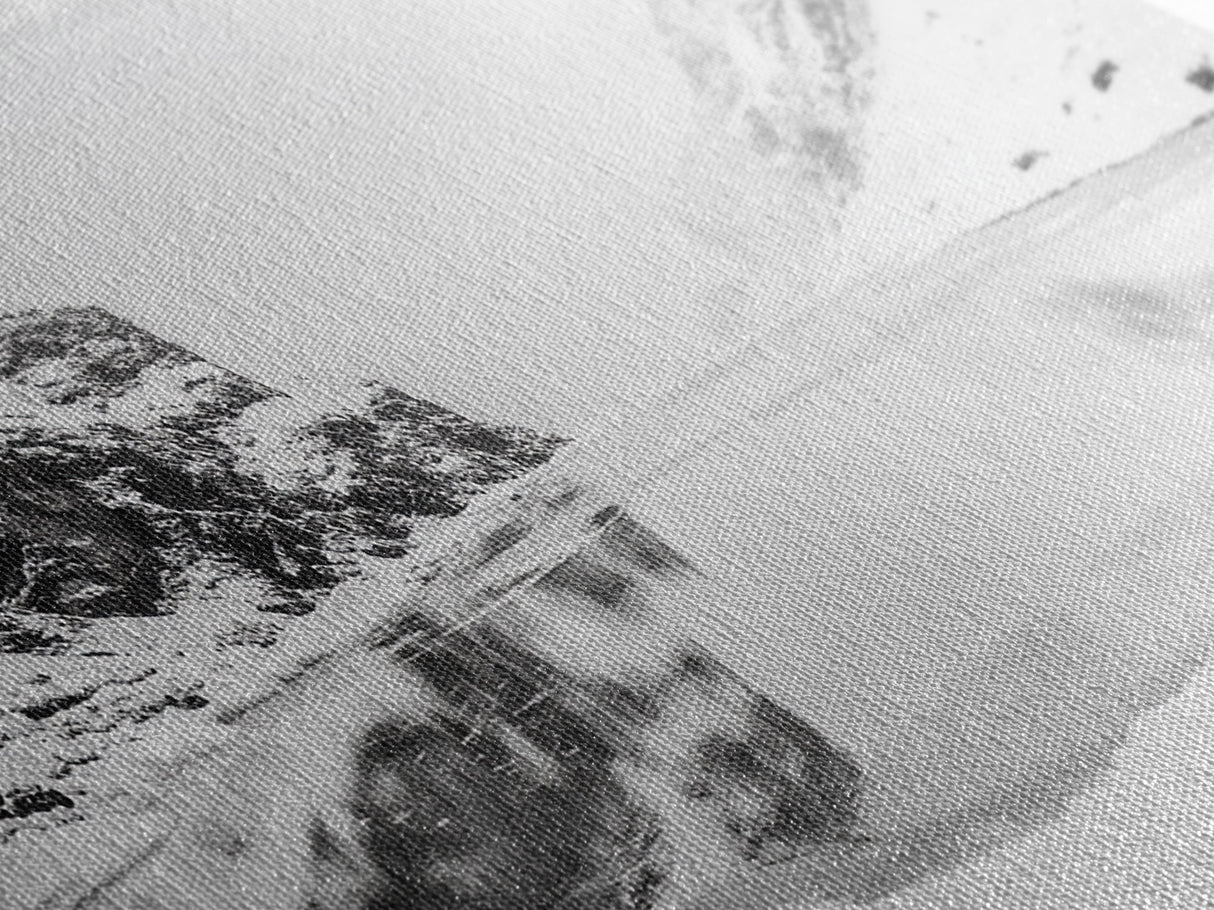 Snowy Cliff Reflection, Winter River Scene, Black and White Nature, Framed Canvas Print, Minimalist Wall Art, Neutral Winter Decor