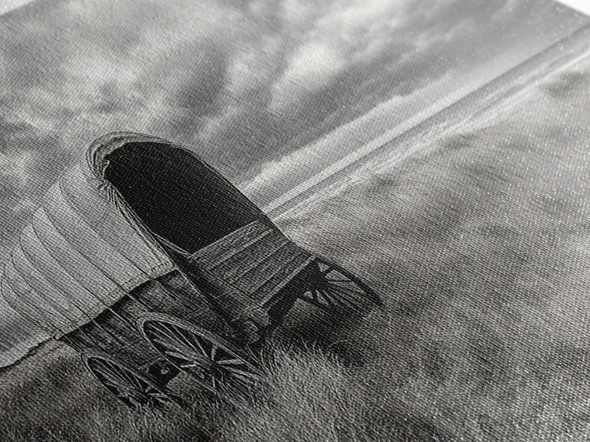 Prairie Wagon, Coastal Grass, Covered Cart, Western Landscape, Framed Canvas Print, Rustic Fall Art, Living Room Wall Decor