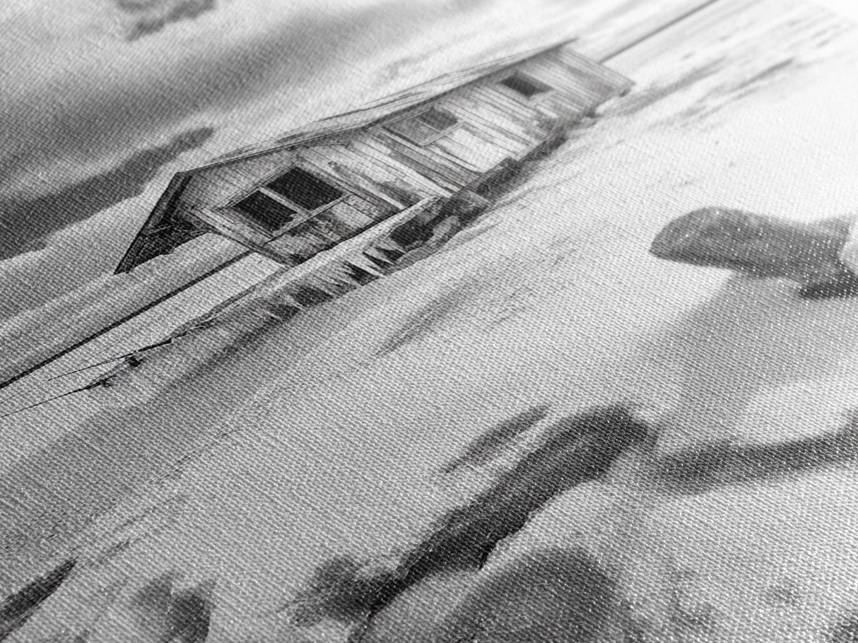 Frozen Cabin Scene, Snowy Landscape, Winter Monochrome, Canvas Print, Cabin Wall Art, Rustic Winter Decor, Nature Photography