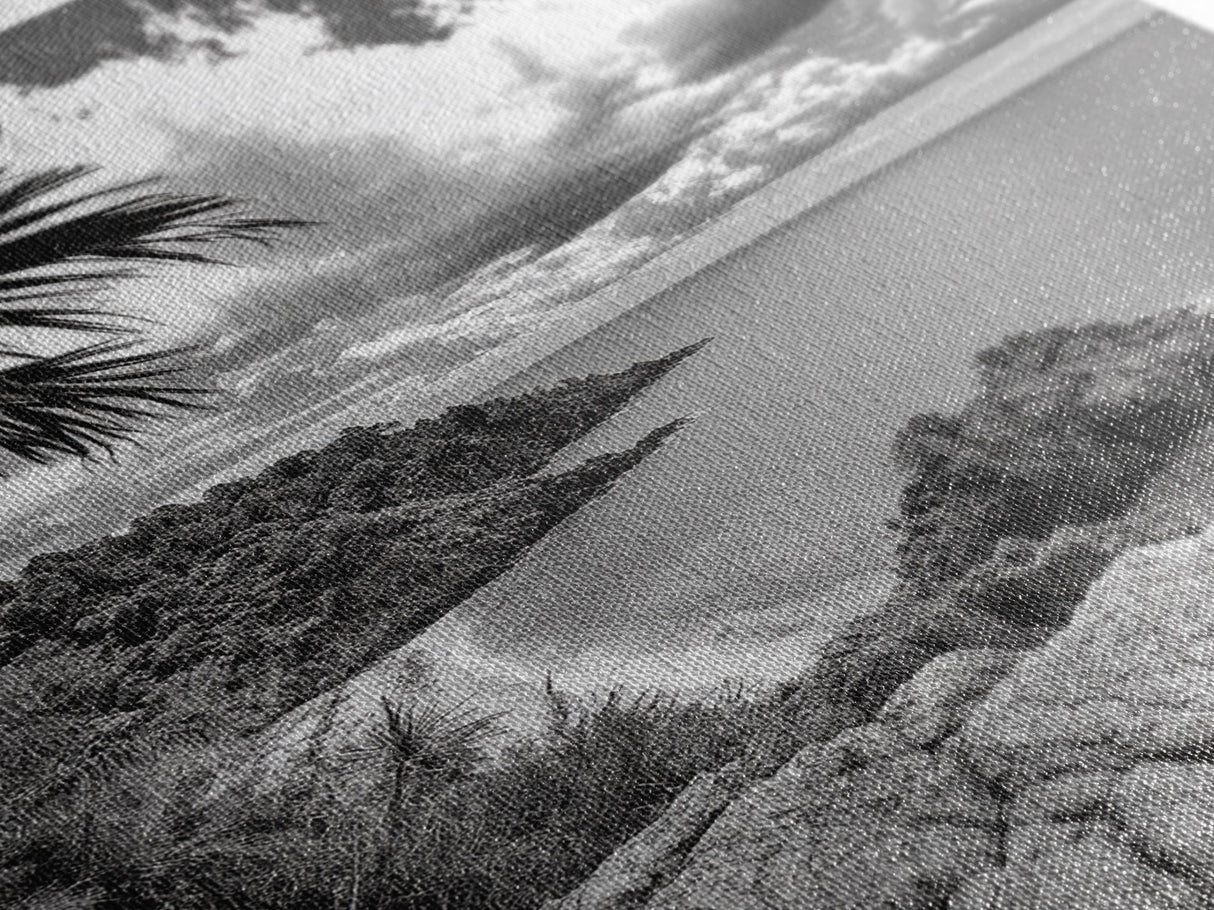 Island View Cliffs, Tropical Shoreline, Black and White Seascape, Framed Canvas Print, Bathroom Art, Travel Decor, Coastal Vibe