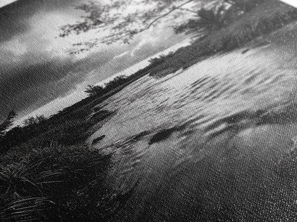 River Flow, Storm Clouds, Nature Trees, Monochrome Scene, Framed Canvas Print, Bathroom Wall Art, Moody Landscape, Rustic Home Decor