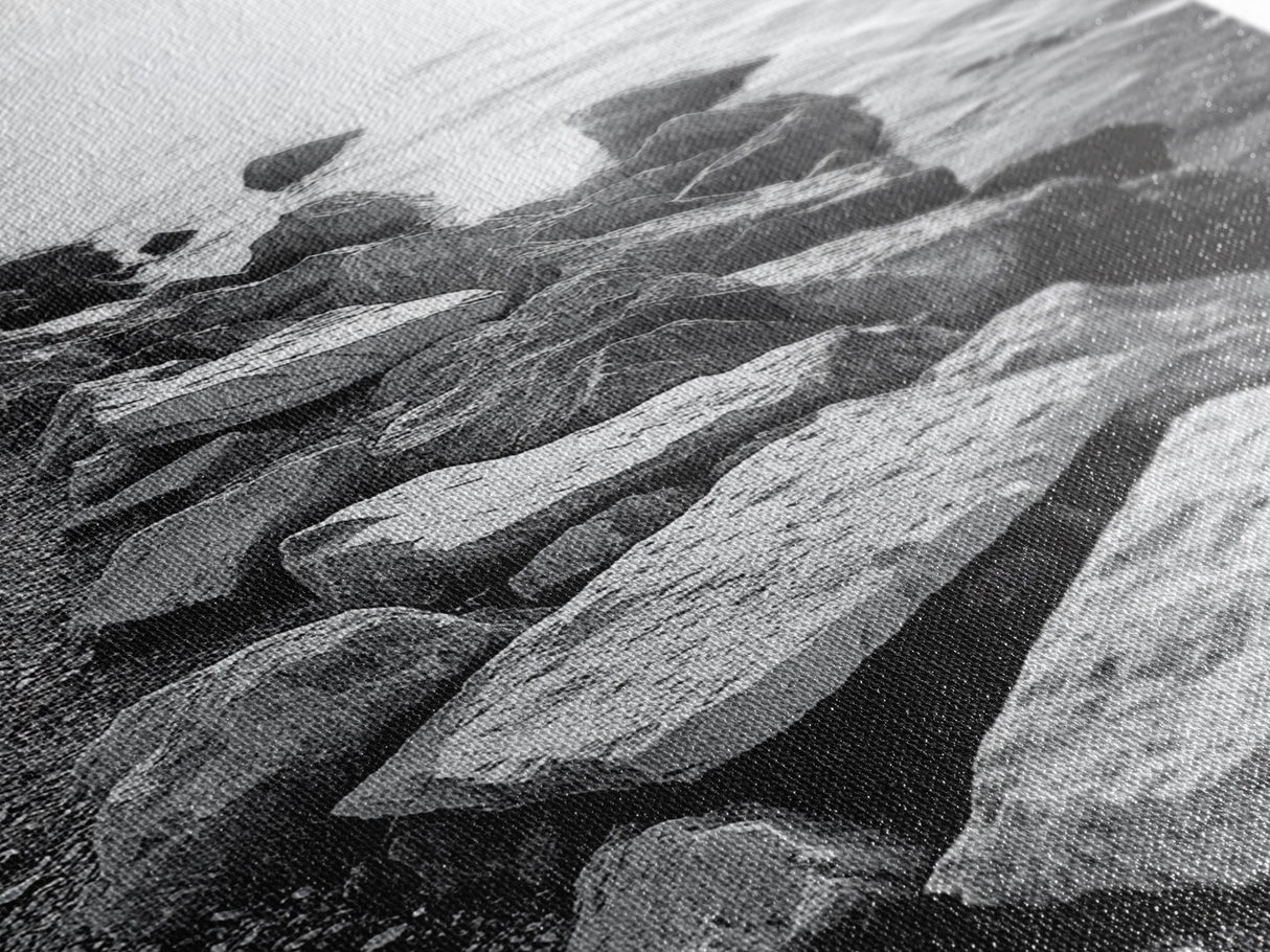 Shore Rocks, Sunlit Ocean, Rugged Texture, Minimal Horizon, Framed Canvas Print, Entryway Wall Art, Beach Decor, Neutral Tones