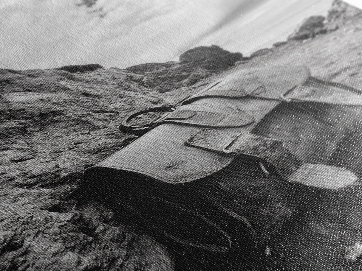 Deserted Leather Satchel, Coastal Adventure, Weathered Texture, Black and White Canvas Print, Vintage Office or Studio Wall Art