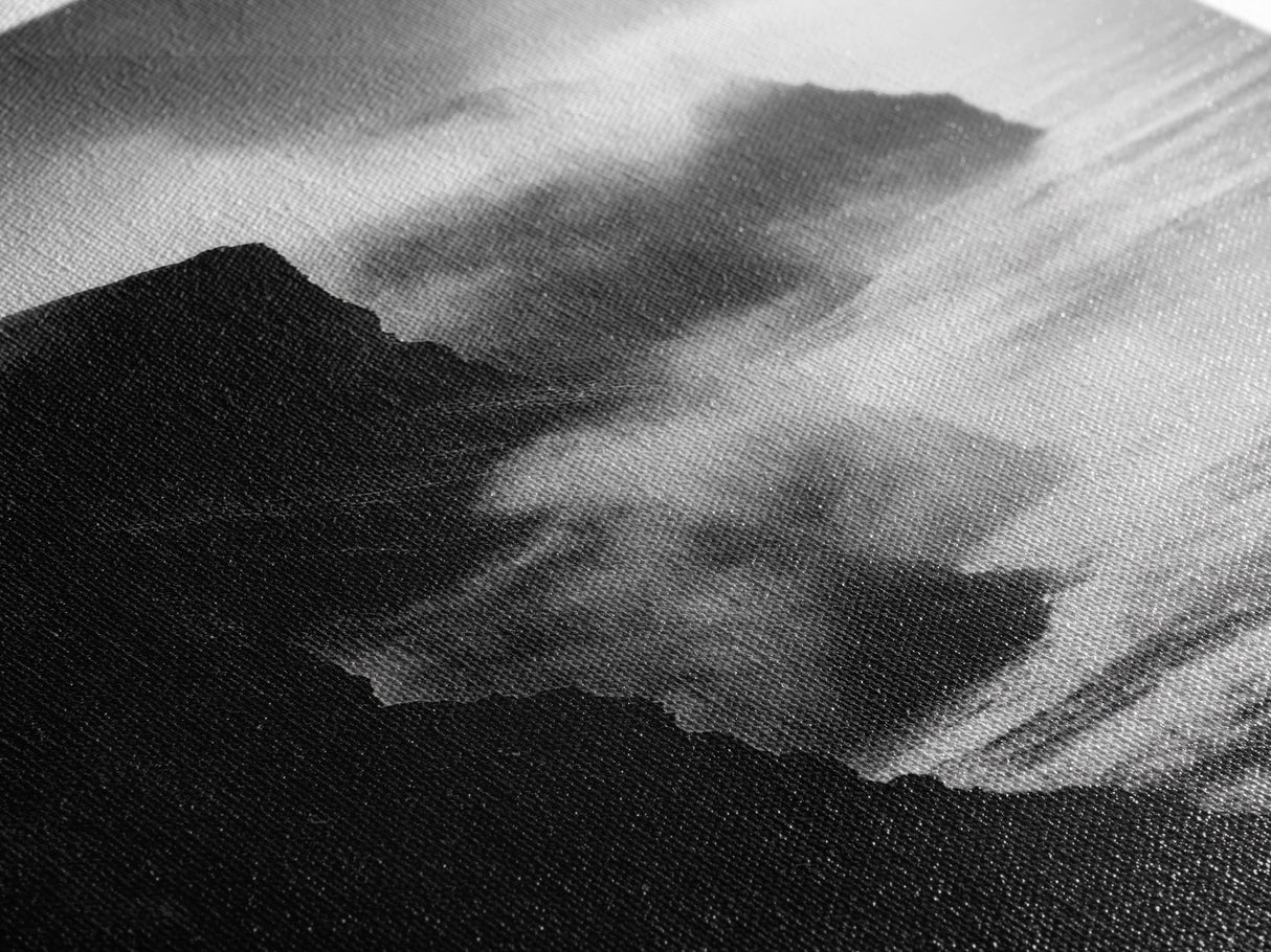 Stormy Cliffs, Ocean Fog, Monochrome Coast, Wild Nature Framed Canvas Print, moody wall art, rustic living room decor, dark aesthetic