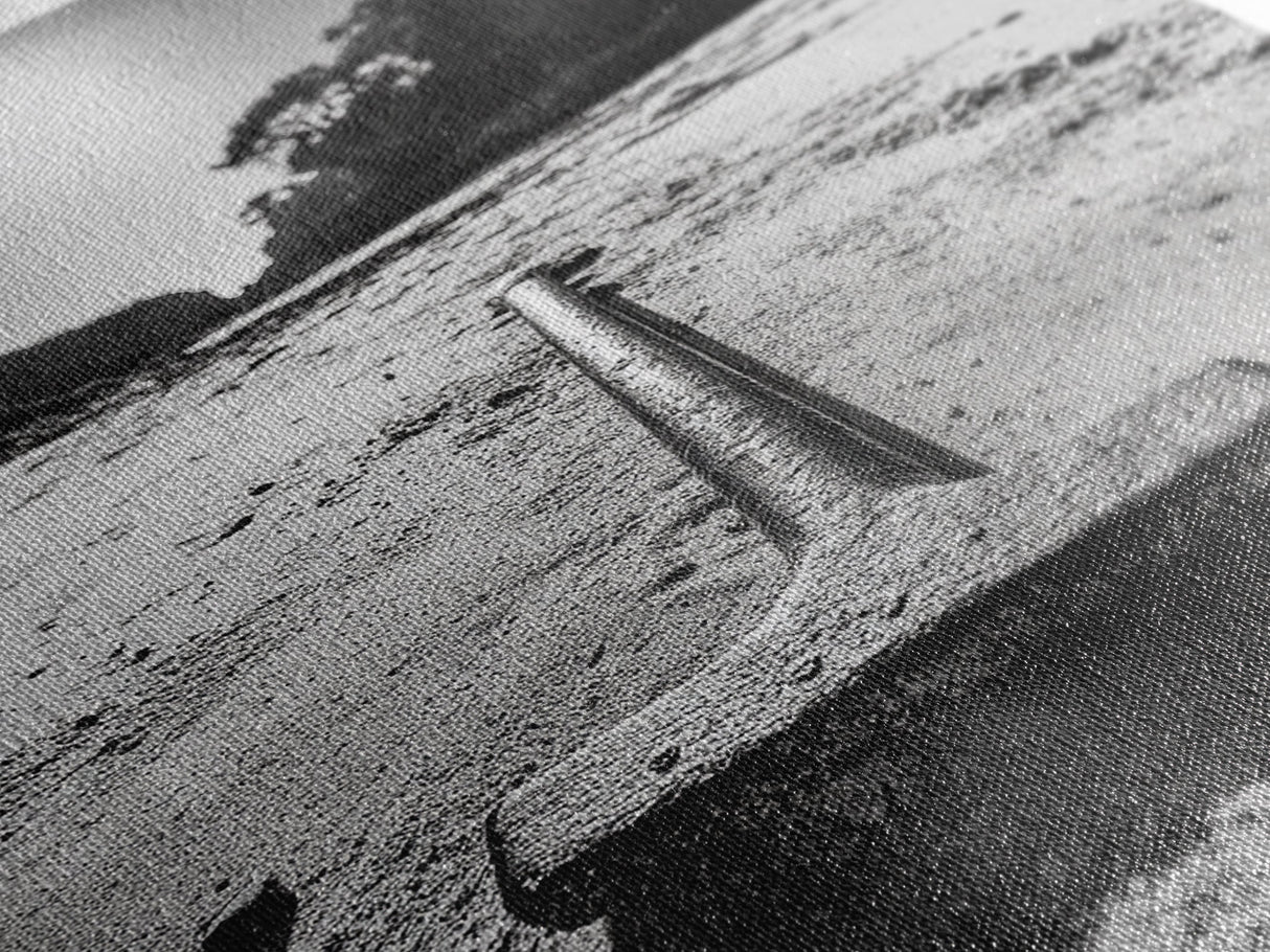 Industrial beach relic, iron hammer, rustic textures, minimalist black and white, Canvas Print, man cave art, coastal masculine decor