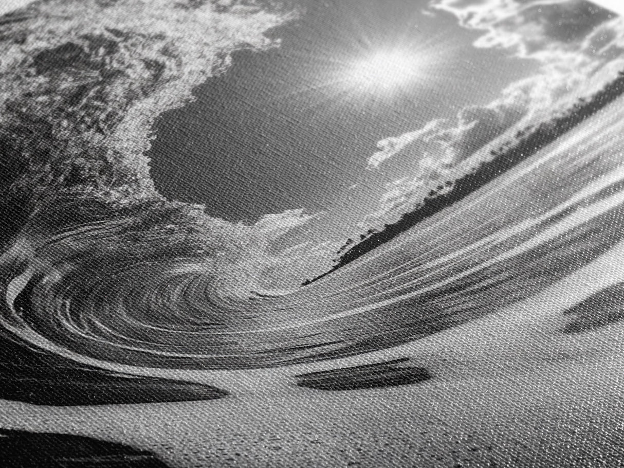 Wave Photography, Surfer Dream, Sea Curl Motion, Framed Canvas Print, Coastal Wall Art, Beach House Decor, Monochrome Ocean Style