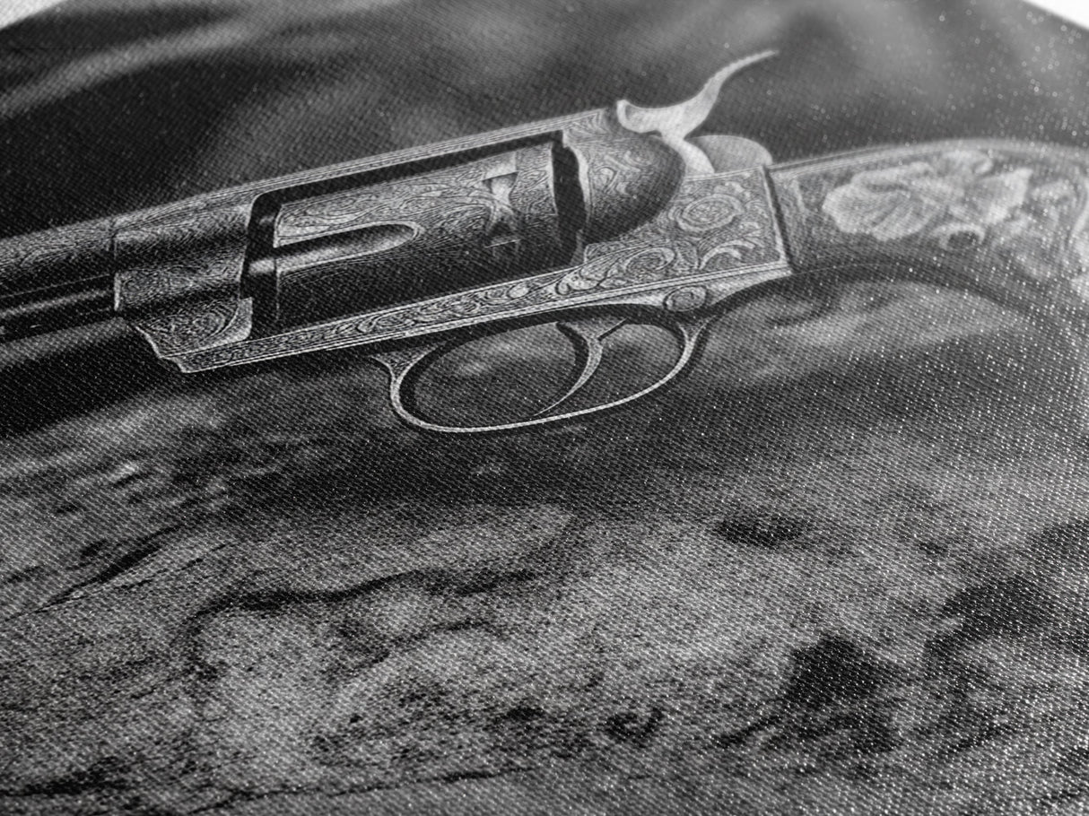 Floral Engraved Revolver, Vintage Western Gun, Cowboy Detail Shot, Canvas Print, Man Cave Art, Rustic Americana Wall Style