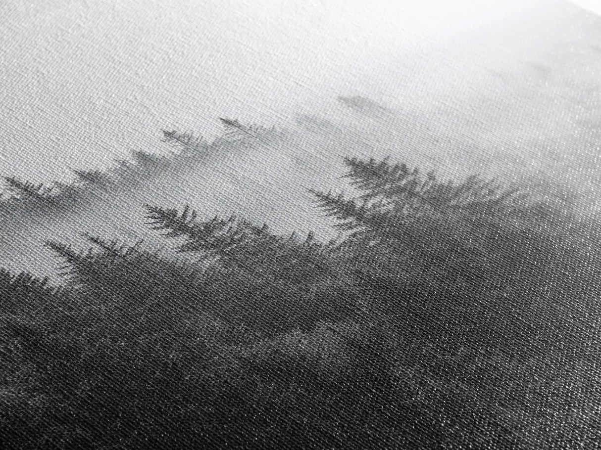 Misty Forest, Pine Trees, Foggy Morning, Canvas Print, Moody Nature Wall Art, Nordic Bedroom Decor, Monochrome Forest Landscape