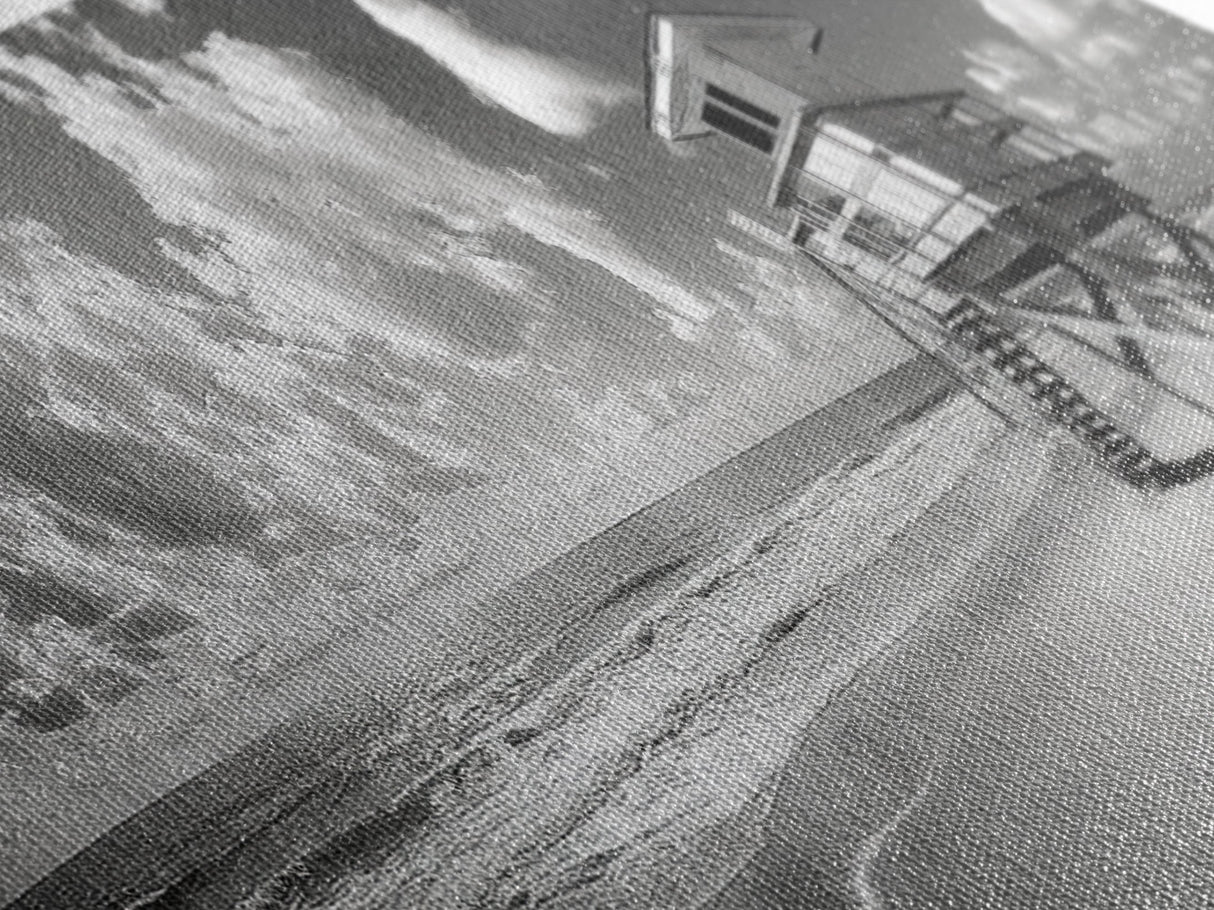 Lifeguard Tower Sky, Beach Scene Clouds, Surfside Minimalism, Framed Canvas Print, Bathroom Wall Art, Modern Coastal Decor