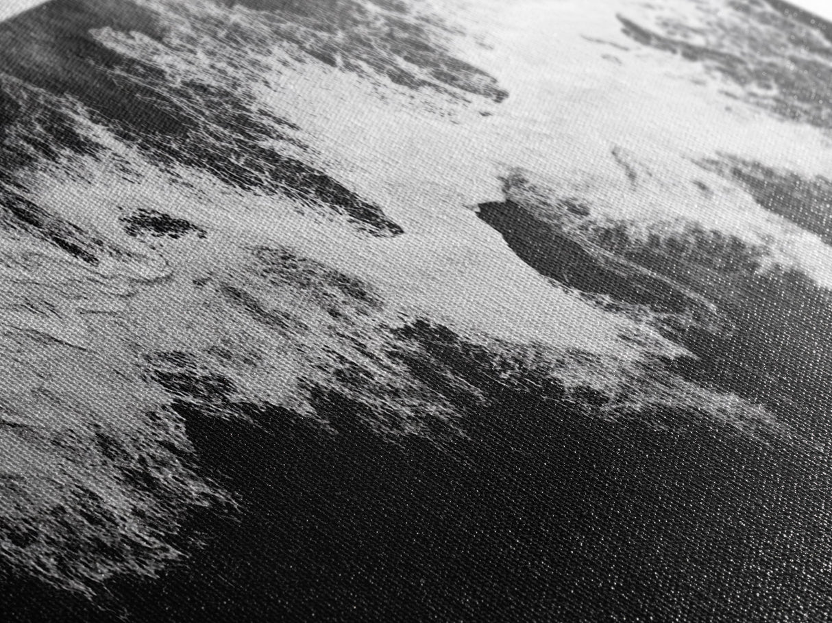 Ocean Wave, Aerial Surf, Coastal Abstract, Monochrome Motion, Framed Canvas Print, Modern Bathroom Art, Minimalist Art, Black and White Decor