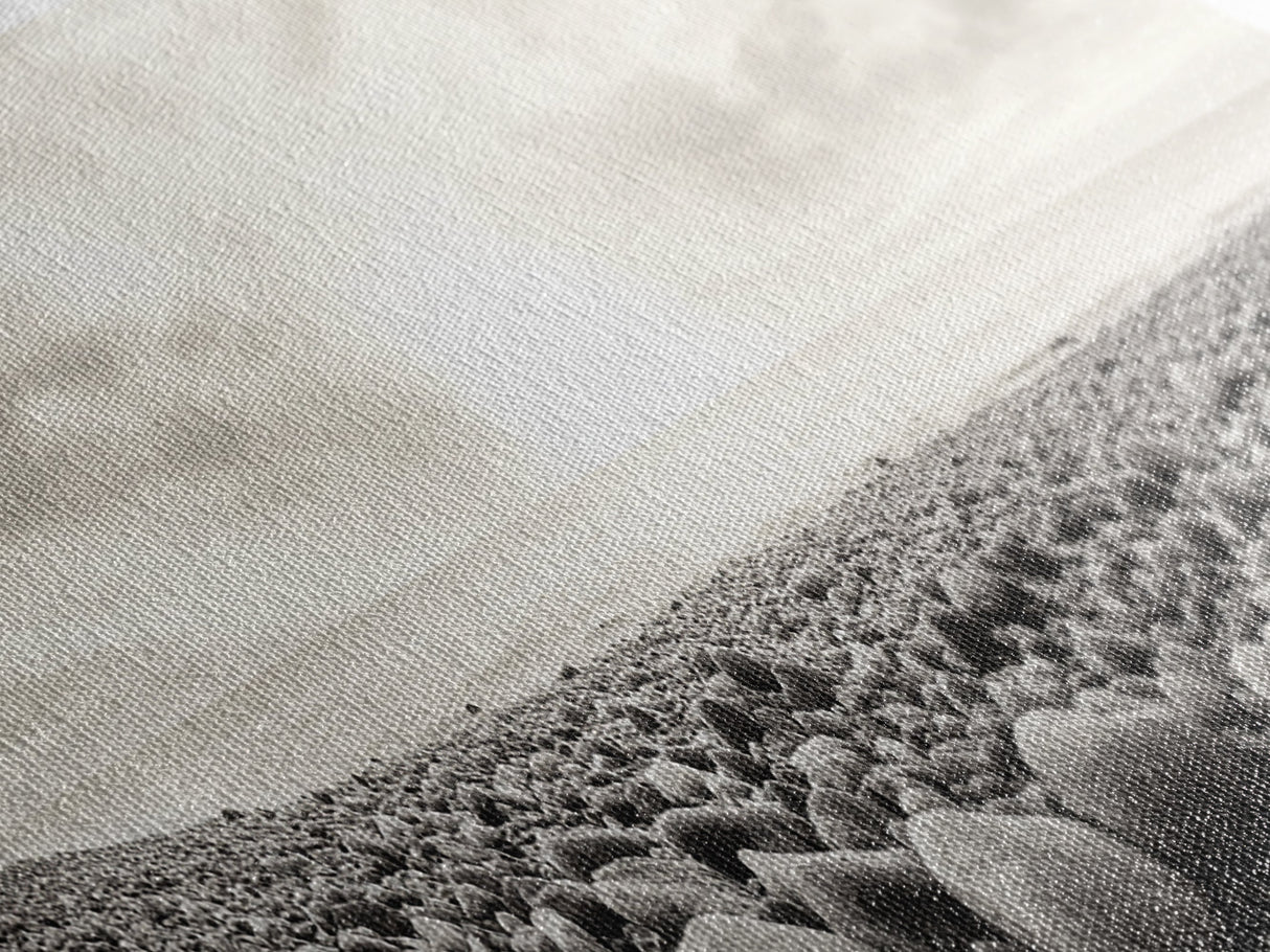 Pebble Shoreline, Soft Horizon, Beach Sunrise, Calm Coastal Decor, Framed Canvas Print, Neutral Tones, Bedroom Wall Art, Nature Minimalism