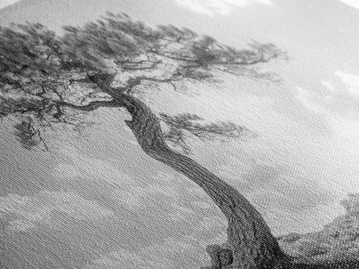 Lone Curved Tree, Zen Nature Print, Minimalist Landscape, Calming Decor, Framed Canvas Print, Bedroom Wall Statement