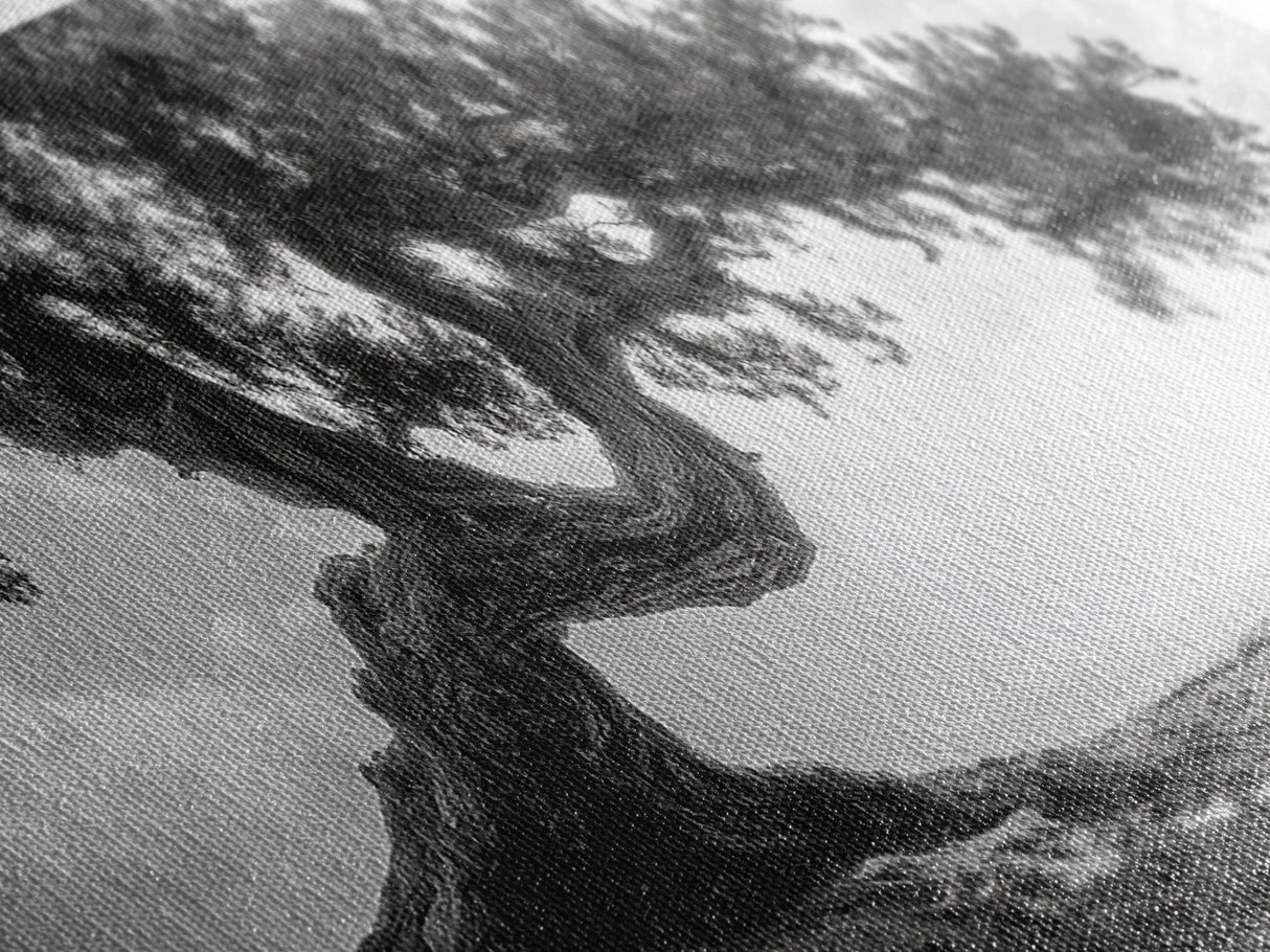 Bending Tree, Windswept Landscape, Coastal Nature, Monochrome Art, Framed Canvas Print, Zen Wall Art, Minimalist Living Room Decor