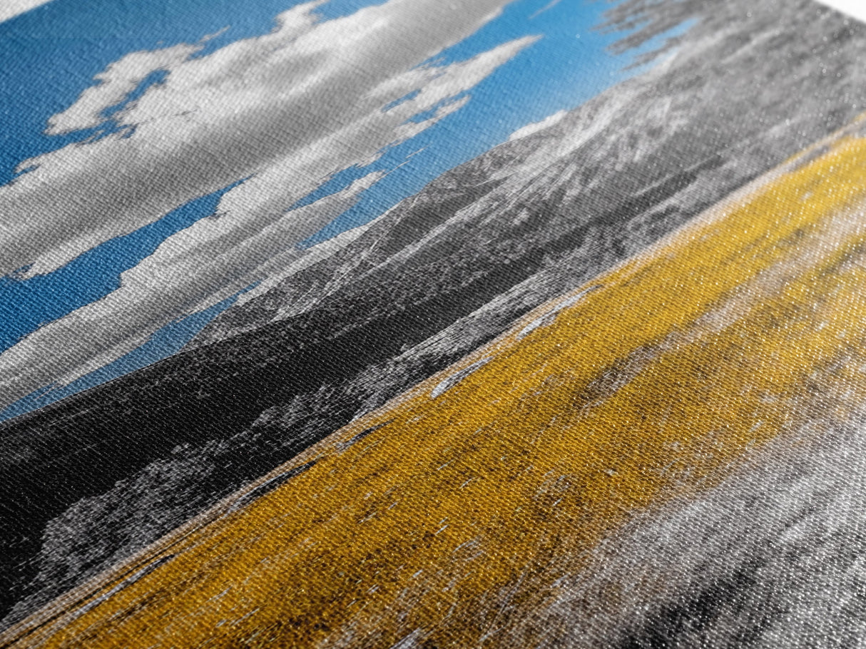 Golden Field, Mountain Range, Blue Sky, Framed Canvas Print, Autumn Landscape Art, Nature Lover Gift, Cabin Wall Art, Rustic Farmhouse Decor