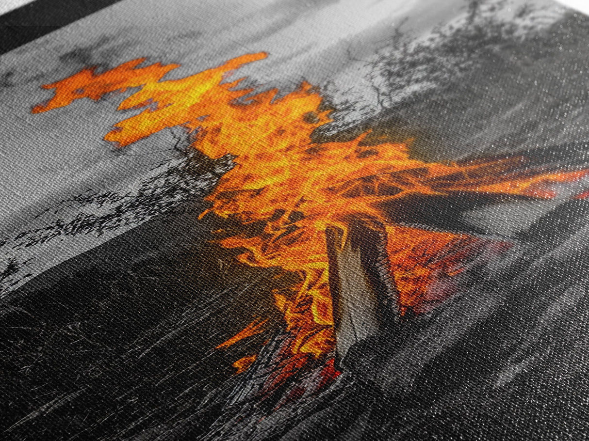 Towering Flame, Wild Fire Blaze, Dramatic Camp Scene, Canvas Print, Outdoor Wall Art, Autumn Adventure Decor, Rustic Nature Style