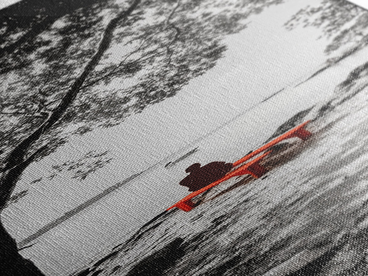 Lonely Figure, Red Bench, Reflective Scene, Peaceful Beach Wall Art, Framed Canvas Print, Black and White Photography, Zen Room Decor