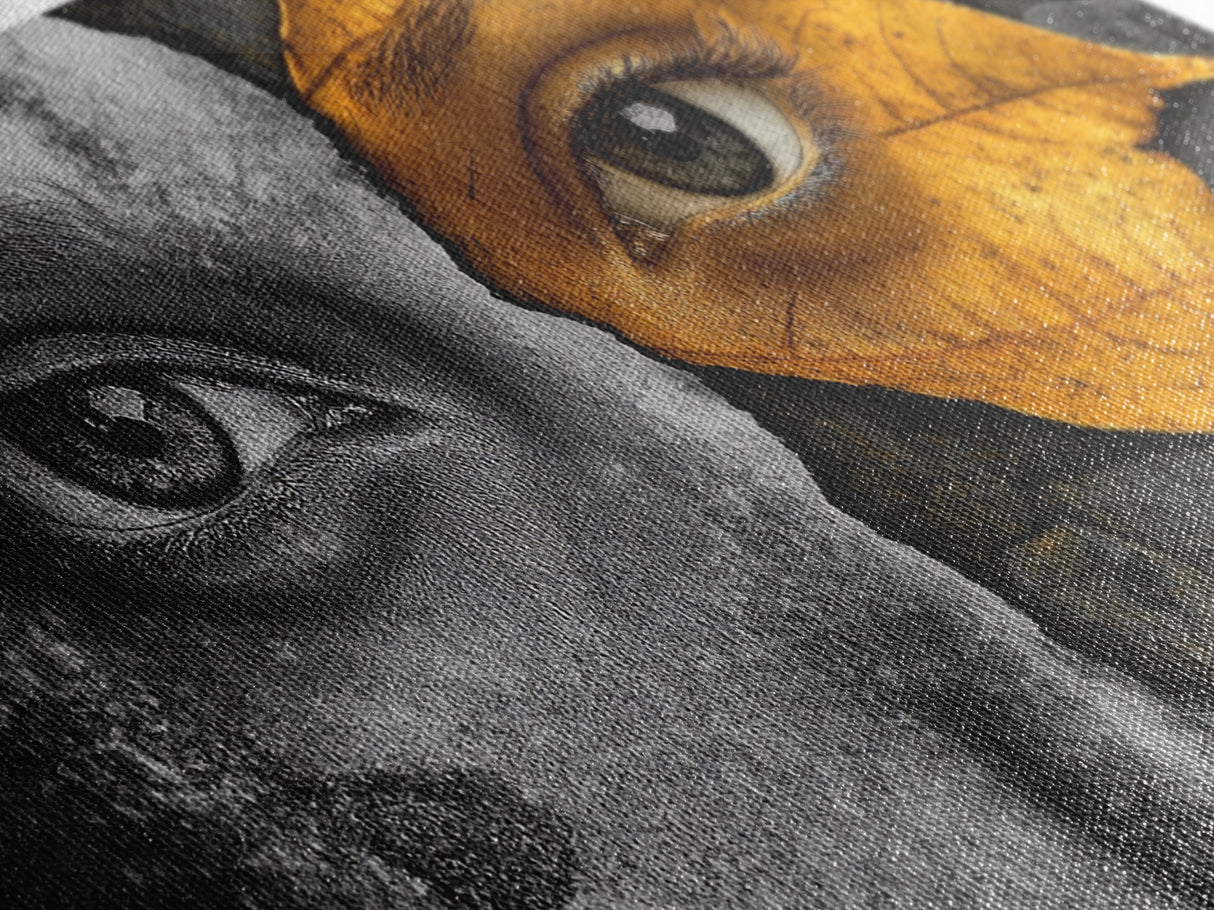 Eyes, Autumn, Leaves, Emotional duality in surreal leaf-face art on this Framed Canvas Print, Fall Decor and Unique Modern Living Room Art