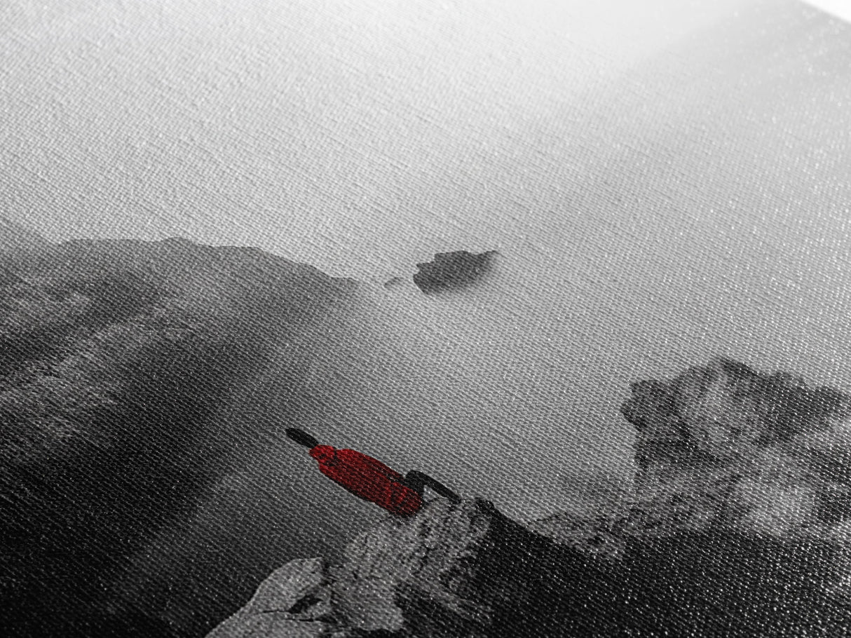 Red Hoodie, Ocean Cliff, Misty Silence, Framed Canvas Print, Minimalist Solitude Art, Mental Health Awareness, Bedroom Wall Decor, Calm Scene