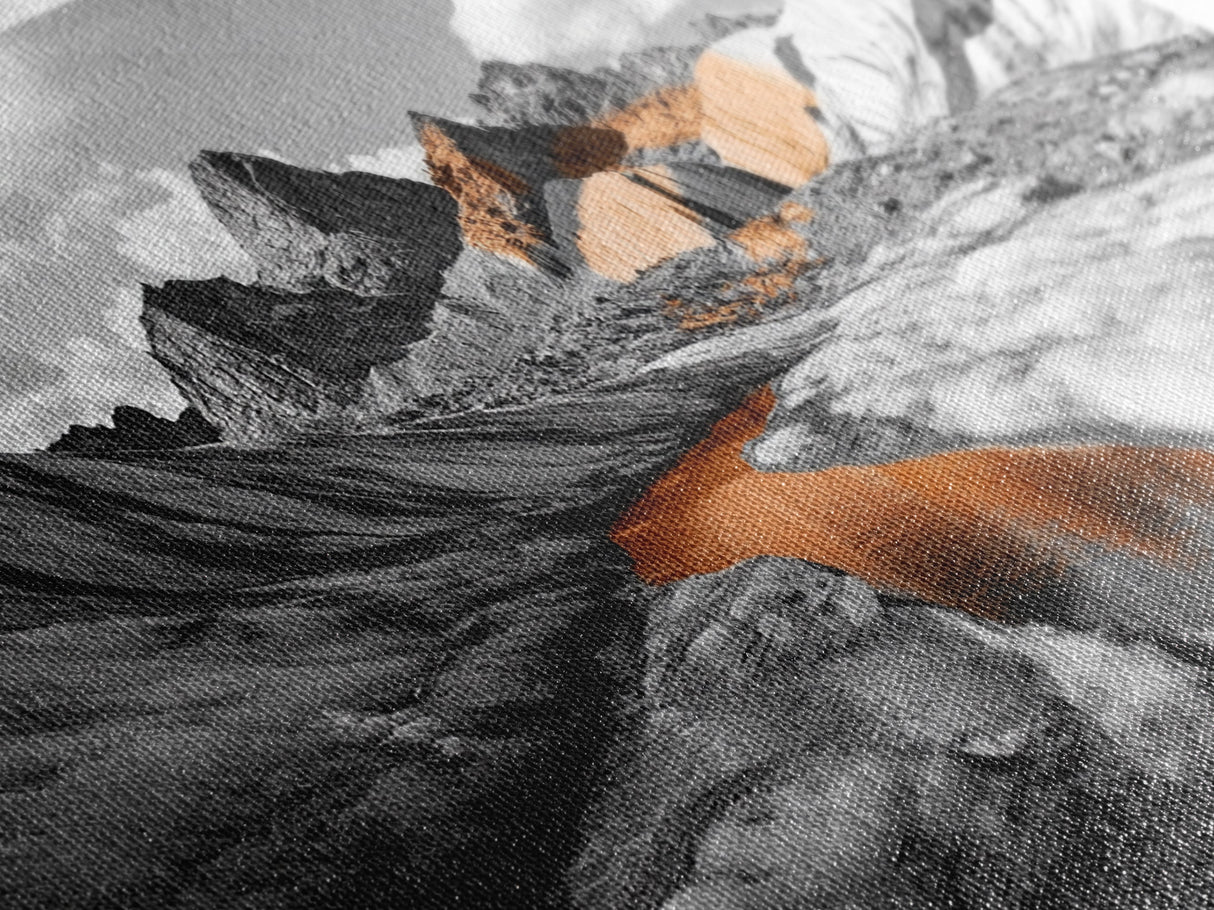 Glacial Canyon, Orange Reflection, Monochrome Mountain, Fall Landscape, Framed Canvas Print, Rustic Wall Decor, Adventure Photography