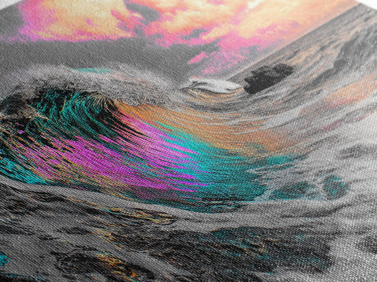 Neon Wave, Tropical Sunset, Bold Ocean Art, Framed Canvas Print, Color Pop Wall Decor, Surfer Room Style, Coastal Vibe Art