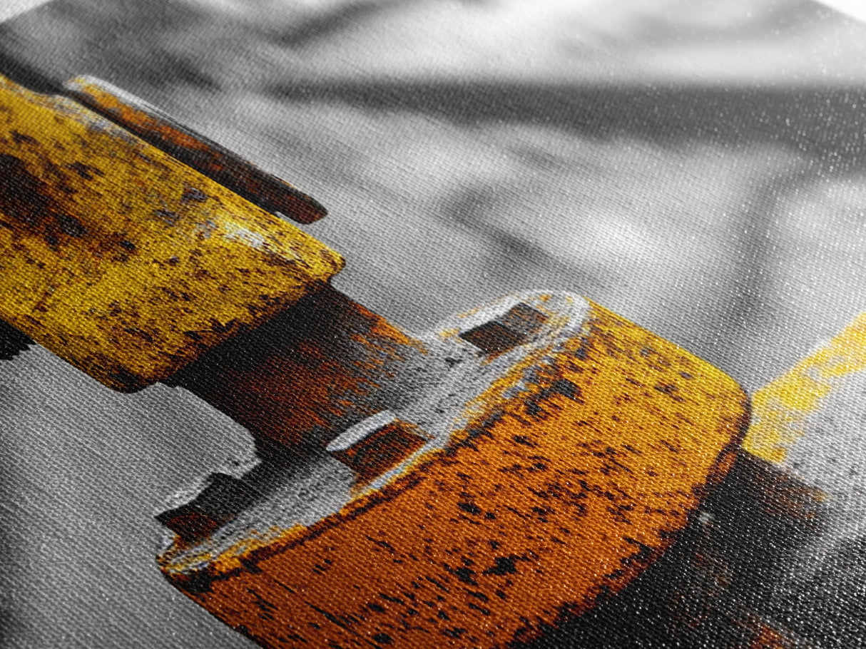 Industrial Bolt Closeup, Yellow Metal, Grunge Texture, Modern Industrial Art, Framed Canvas Print, Garage Wall Decor, Urban Loft Style