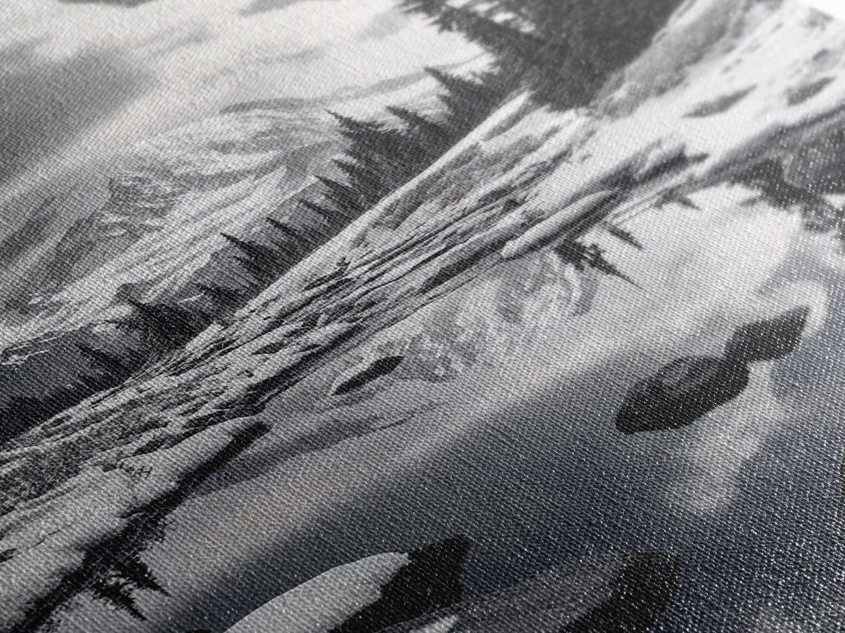 Snowy Mountain, Winter Landscape, Reflection Lake, Canvas Print, Black and White Nature Art, Cabin Wall Art, Adventure Photography