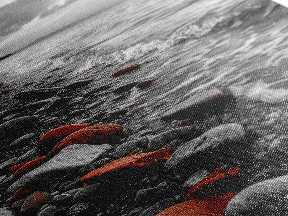 Red Shoreline, Bold Pebbles, Coastal Mood, Canvas Print, Nautical Wall Art, Moody Landscape, Black White Red Art, Nature Lover Gift