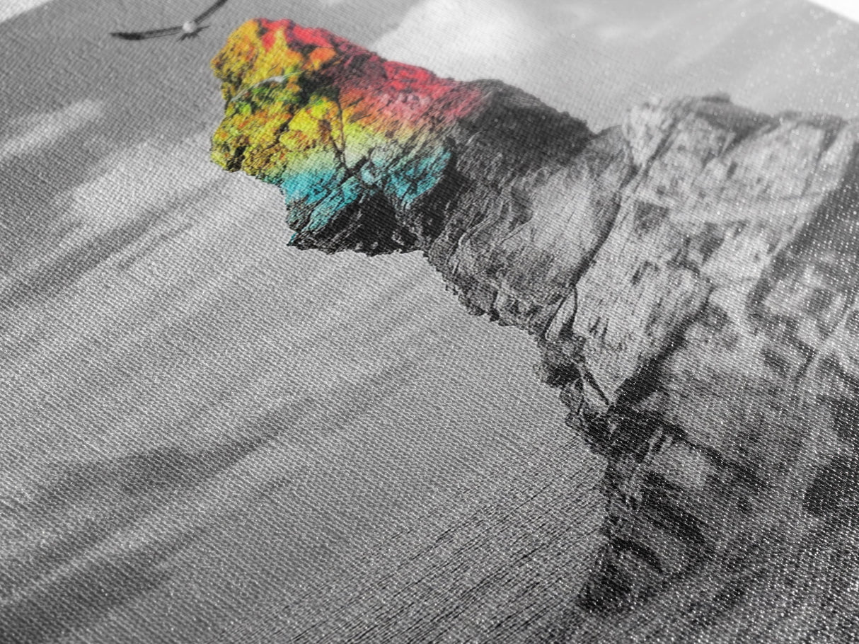 Rainbow Cliff, Soaring Bird, Ocean Rock Scene, Canvas Print, Nature Adventure Wall Art, Vibrant Seascape Decor, Coastal Living Accent