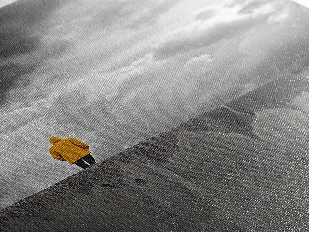 Yellow Raincoat, Ocean Storm, Moody Skies, Framed Canvas Print, Minimalist Wall Art, Coastal Entryway Decor, Contemplative Scene