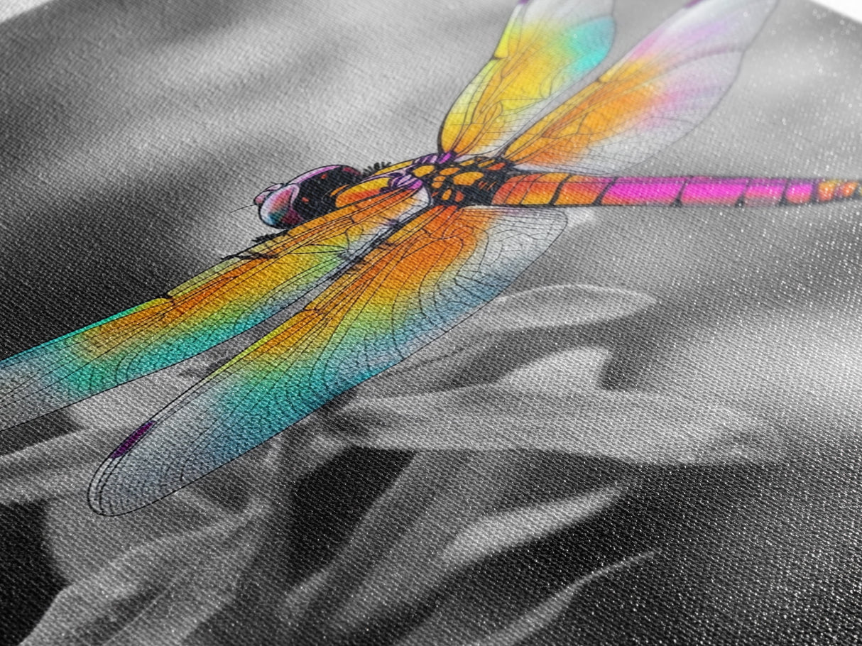 Rainbow Dragonfly, Vibrant Bug, Botanical Contrast, Framed Canvas Print, Nature Inspired Art, Bedroom Wall Decor, Whimsical Garden Accent
