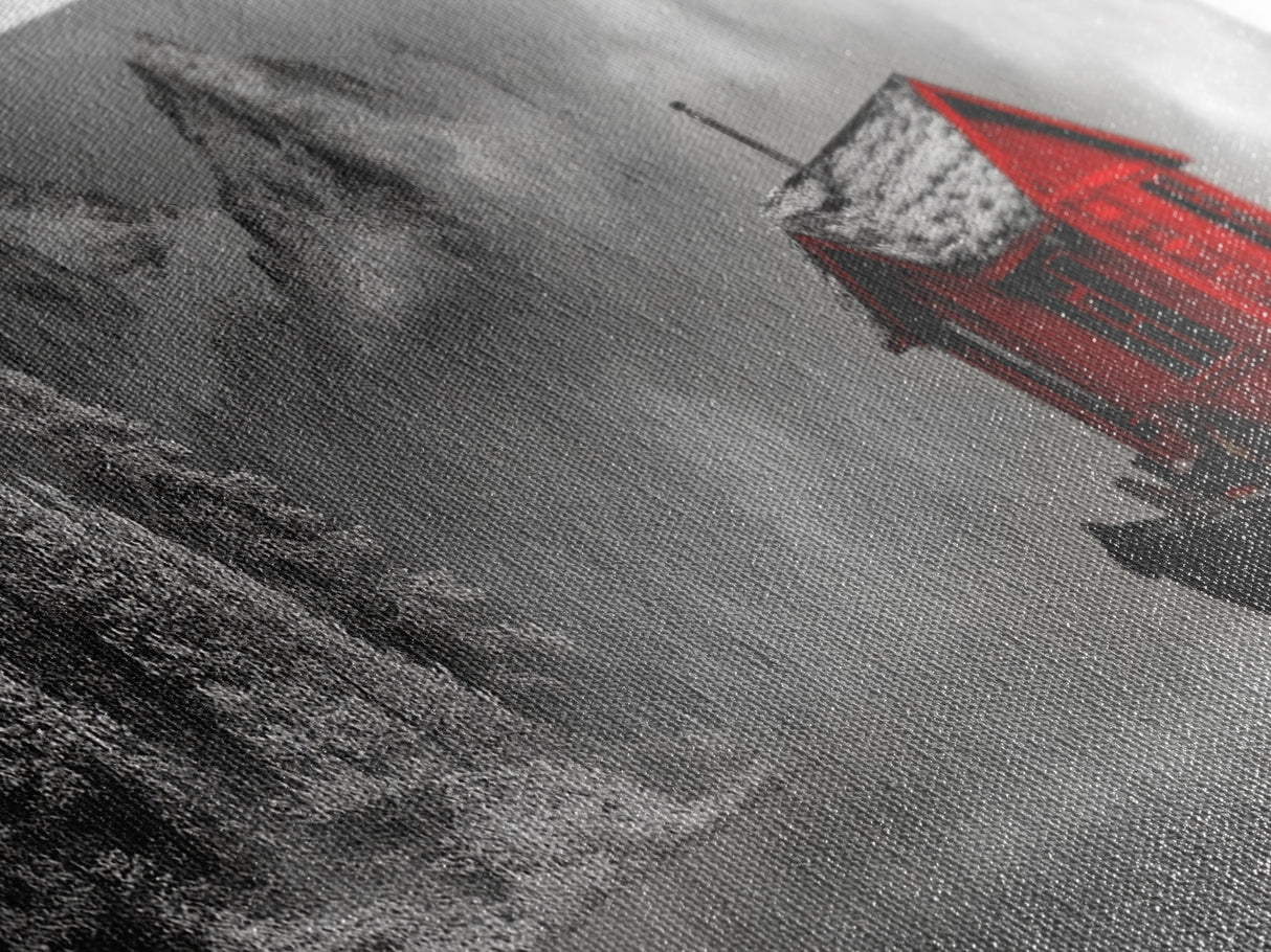Red Cabin in Fog, Mountain Lake Boat House, Canvas Print, Winter Lodge Wall Art, Moody Nature Decor, Black and White Landscape Art