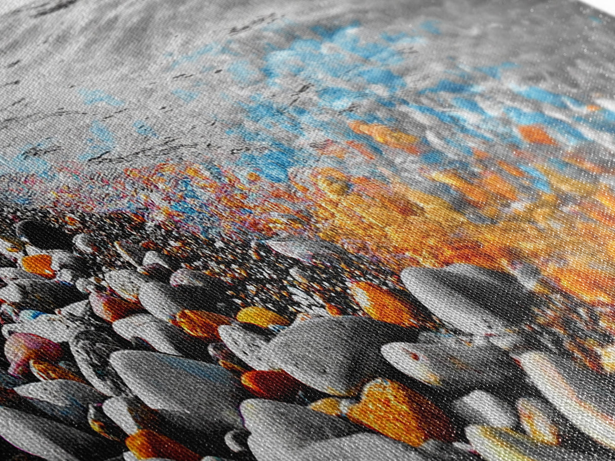 Colorful Pebble Shore, Vibrant Lake Stones, Blue Orange Rocks, Framed Canvas Print, Boho Coastal Style, Bathroom Wall Art