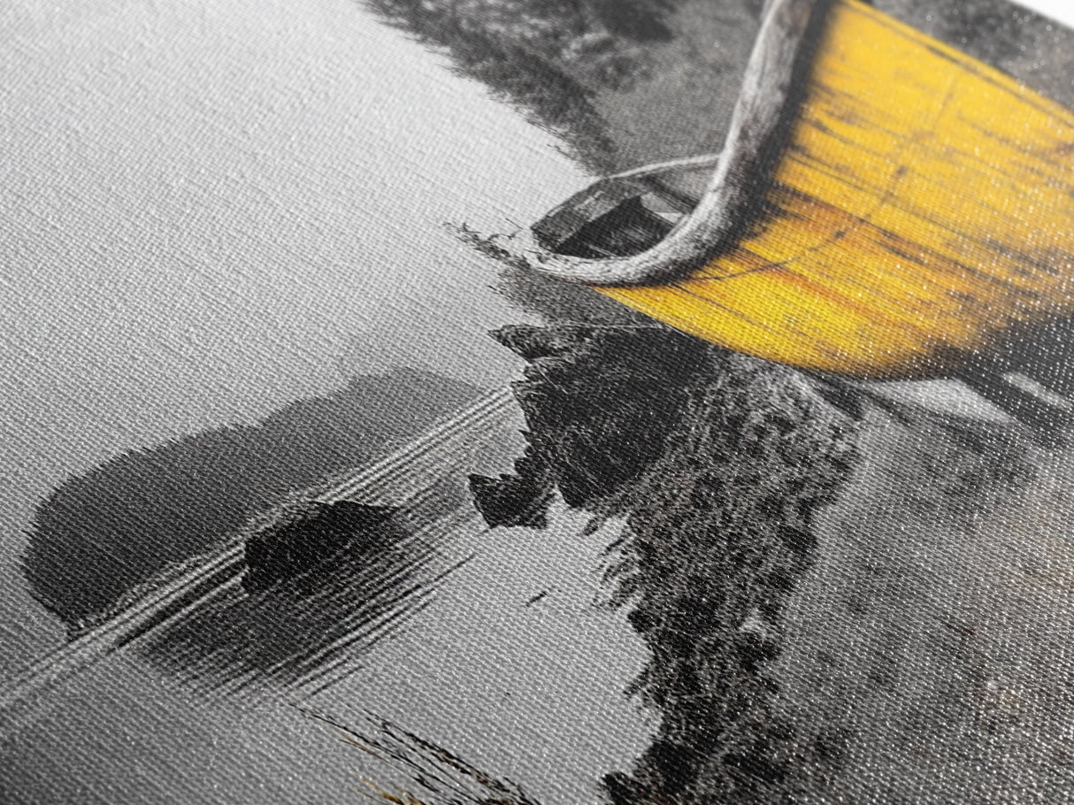 Yellow Rowboat Scene, Misty Coastal Landscape, Abandoned Boat Art, Framed Canvas Print, Rustic Nautical, Office Wall Art