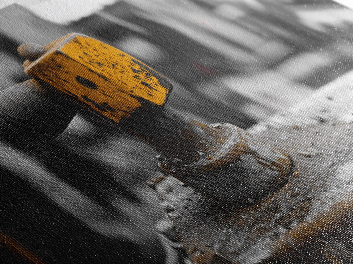 Yellow Metal Lever, Industrial Machine Detail, Workshop Photography, Gritty Rustic Vibe, Canvas Print, Garage Wall Art, Urban Loft Decor