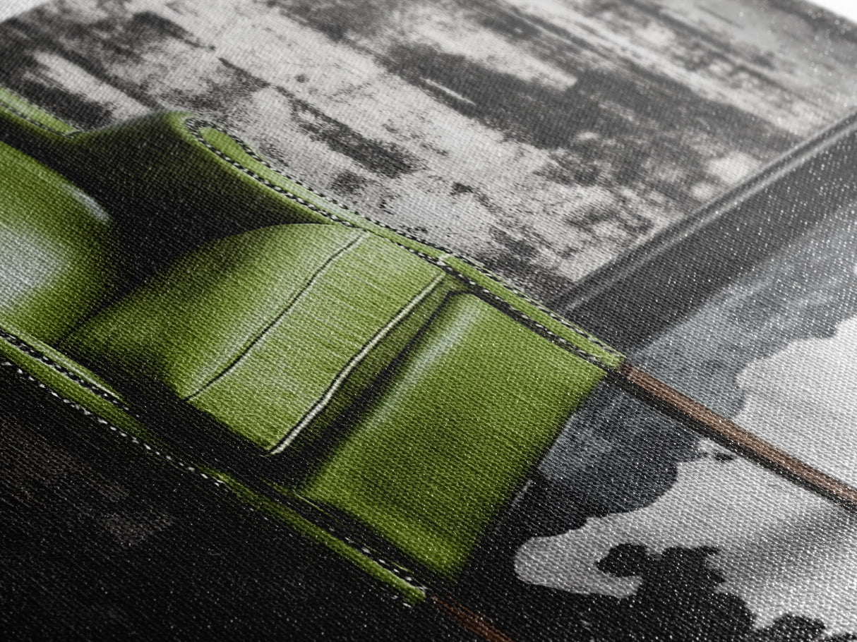Green Leather Chair, Industrial Urban Scene, Chic Lounge Interior, Framed Canvas Print, Modern Wall Art, Man Cave Office Decor