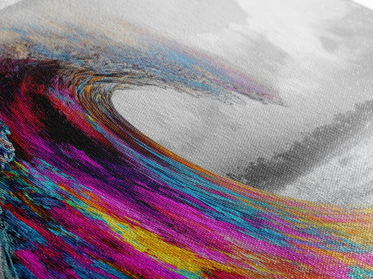 Rainbow Wave Curl, Surf Art Explosion, Vibrant Ocean Energy, Framed Canvas Print, Beach House Decor, Colorful Coastal Wall Art