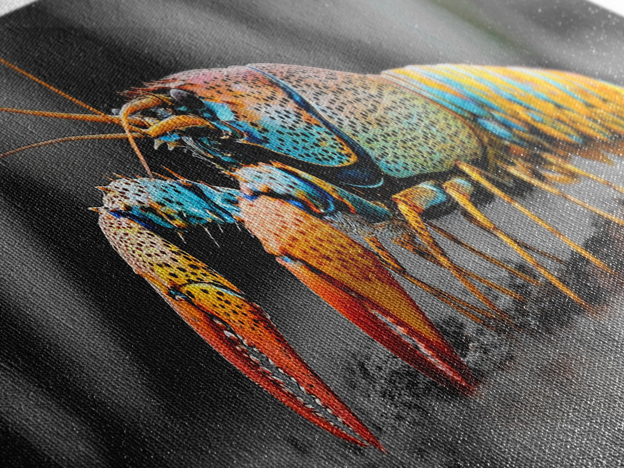 Rainbow Lobster Macro, Exotic Crustacean Art, Vivid Ocean Creature, Framed Canvas Print, Kitchen Wall Art, Coastal Nature Decor