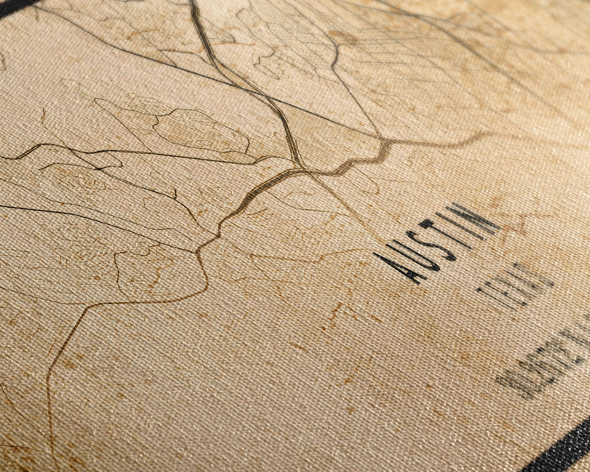 Panoramic Austin Map Print Canvas or Poster, Texas Map Art, Texas Map Print, Vintage Texas Map Framed Art, Retro / Distressed Office Art