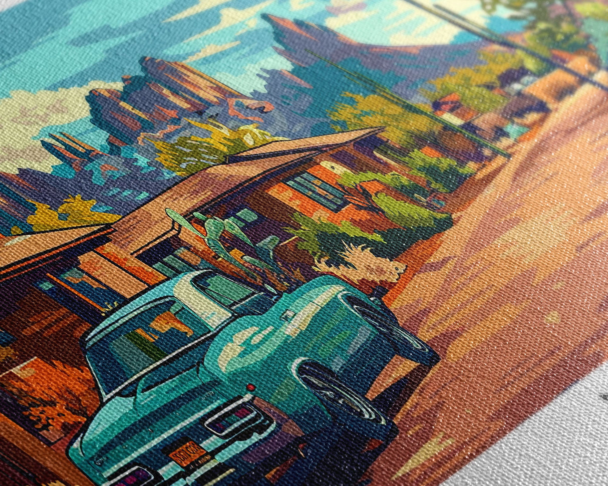 Mesa Arizona Panoramic Painting, Mid Century Modern Framed Canvas Print, Retro Style Wall Art, Pop Art Travel Poster