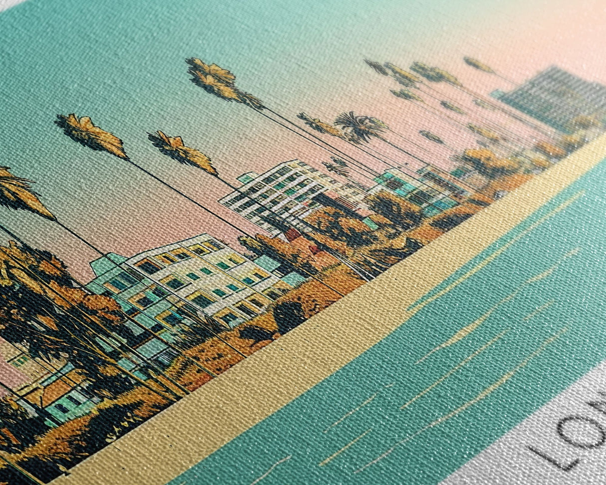 Long Beach California Panoramic Painting, Mid Century Modern Framed Canvas Print, Retro Pop Art Travel Poster, Office Decor