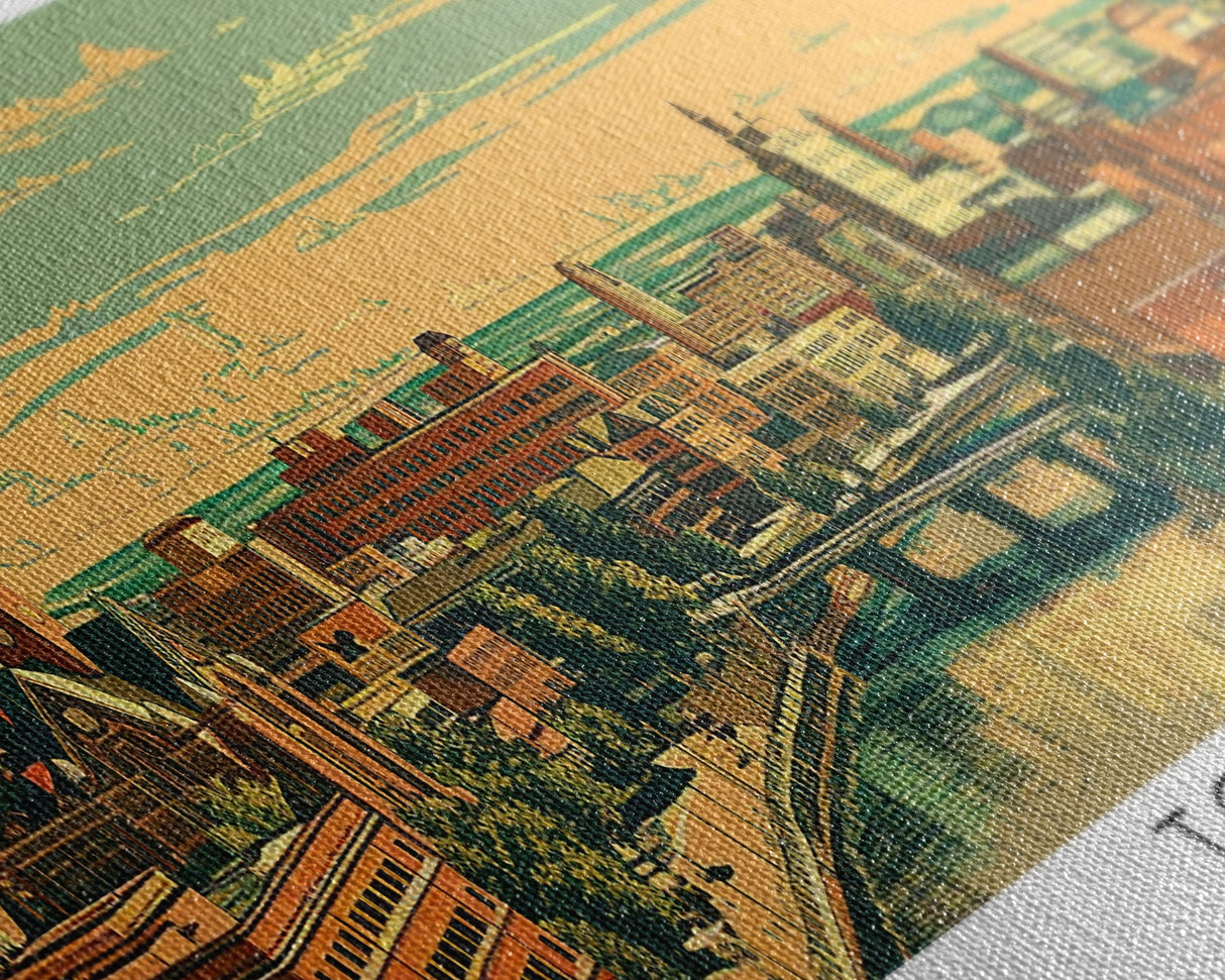 Topeka Kansas Panoramic Painting, Mid Century Modern Framed Canvas Print, Retro Pop Art Travel Poster, Home and Office Wall Art Decor