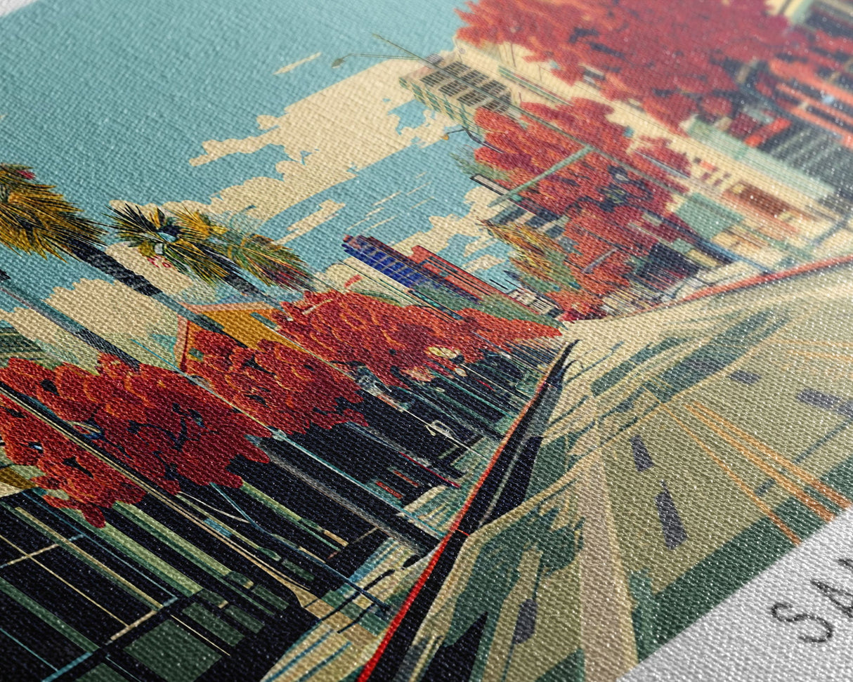 Santa Ana California Panoramic Wall Art, Mid Century Modern Framed Canvas Print, Retro Pop Art Cityscape, Travel Poster, Living Room Decor