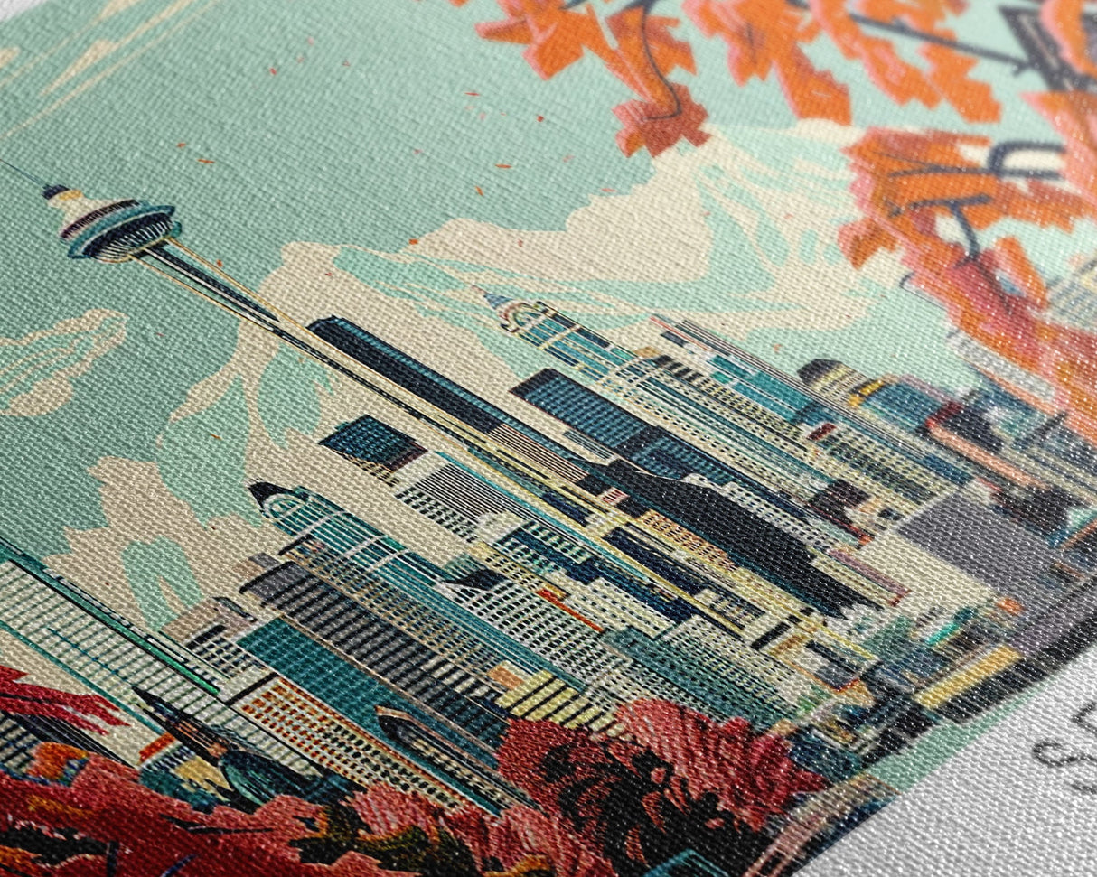 Seattle Washington Panoramic Painting, Mid Century Modern Framed Canvas Print, Retro Pop Art Travel Poster, Cityscape, Home Decor, Office Wall Art