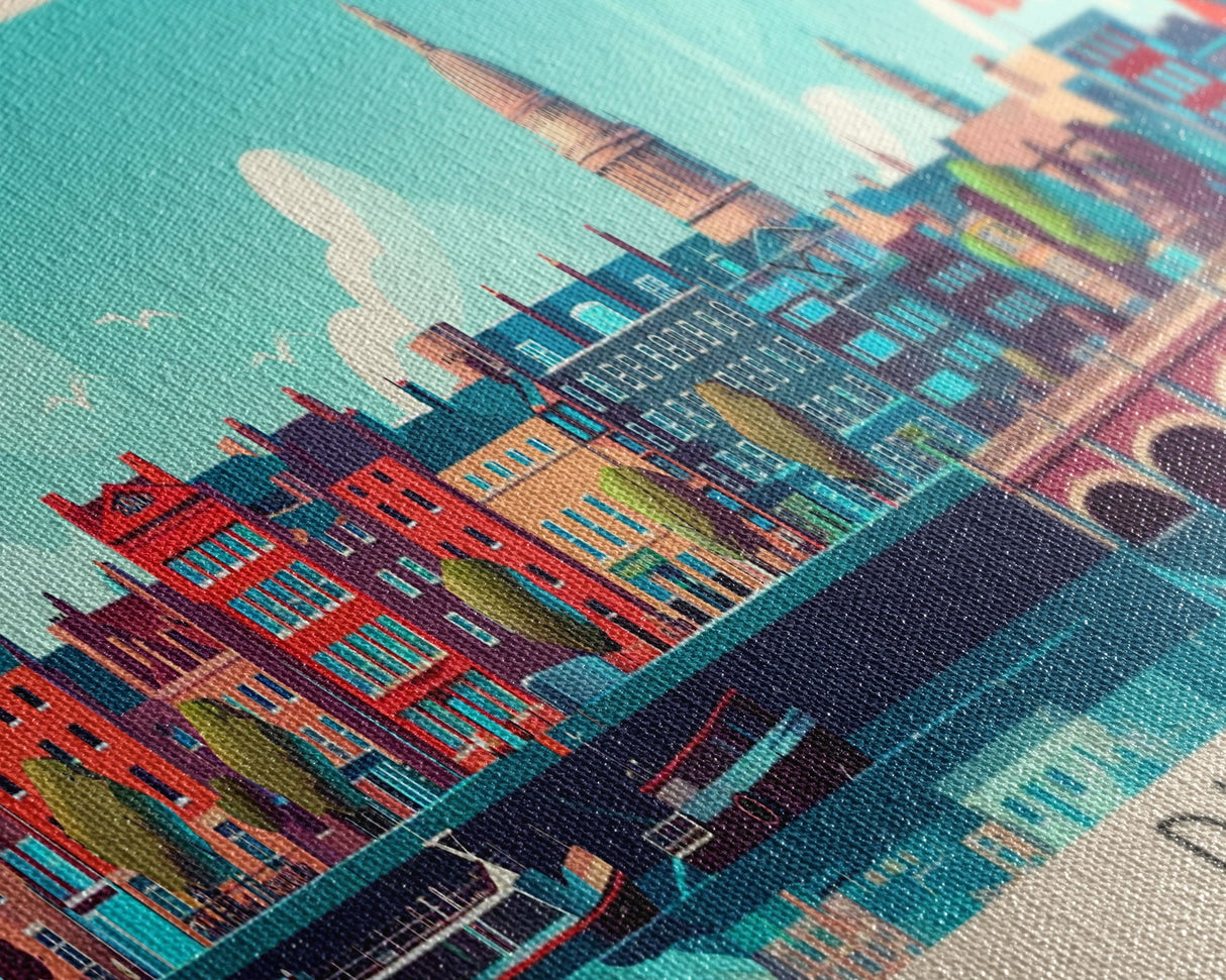 Dublin Ireland Panoramic Travel Poster, Framed Canvas Print or Metal Wall Art, Travel Art, Home Decor, Panoramic Painting, Midcentury Art